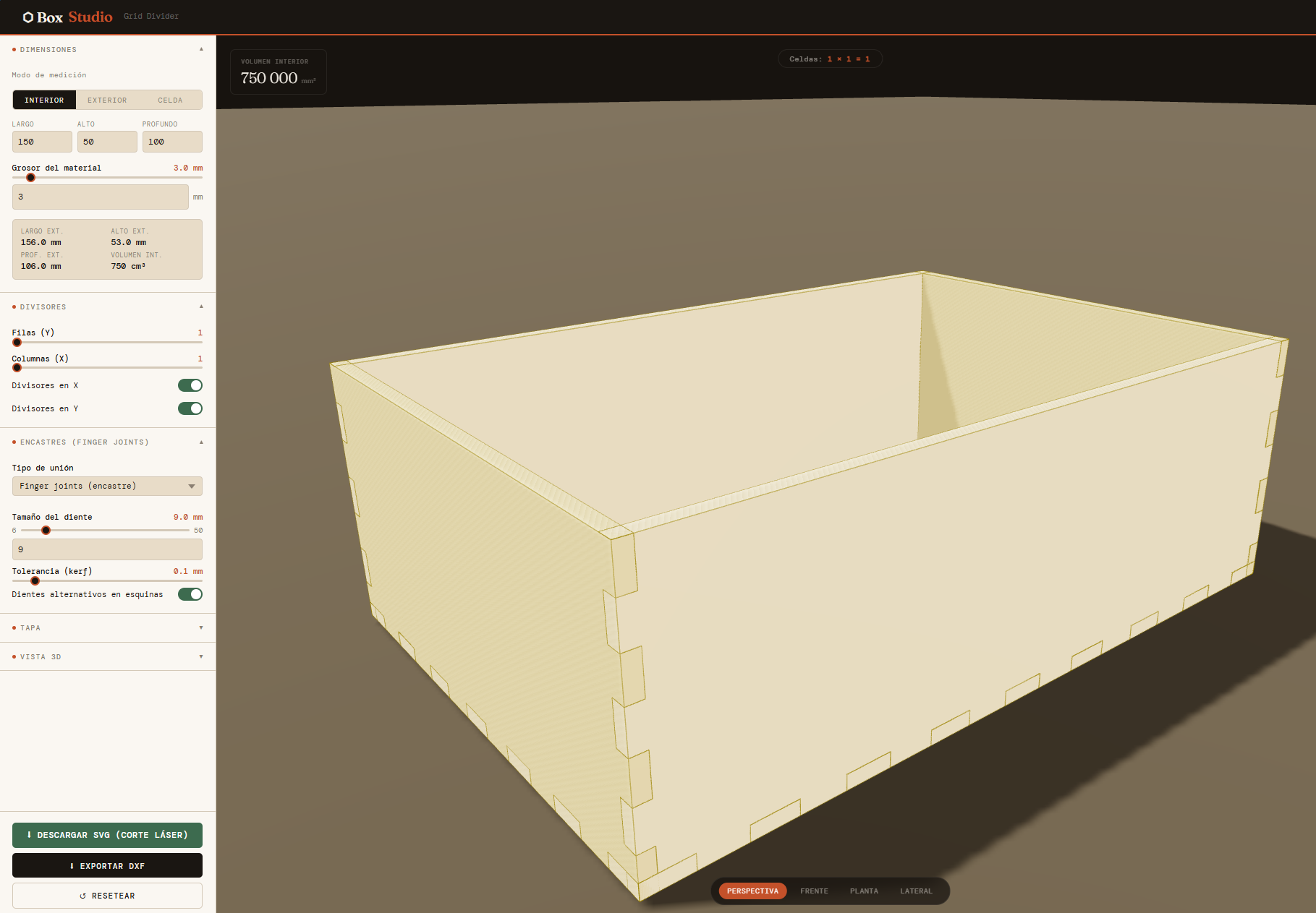 Box Studio laser cut box generator - 3D preview and SVG output
